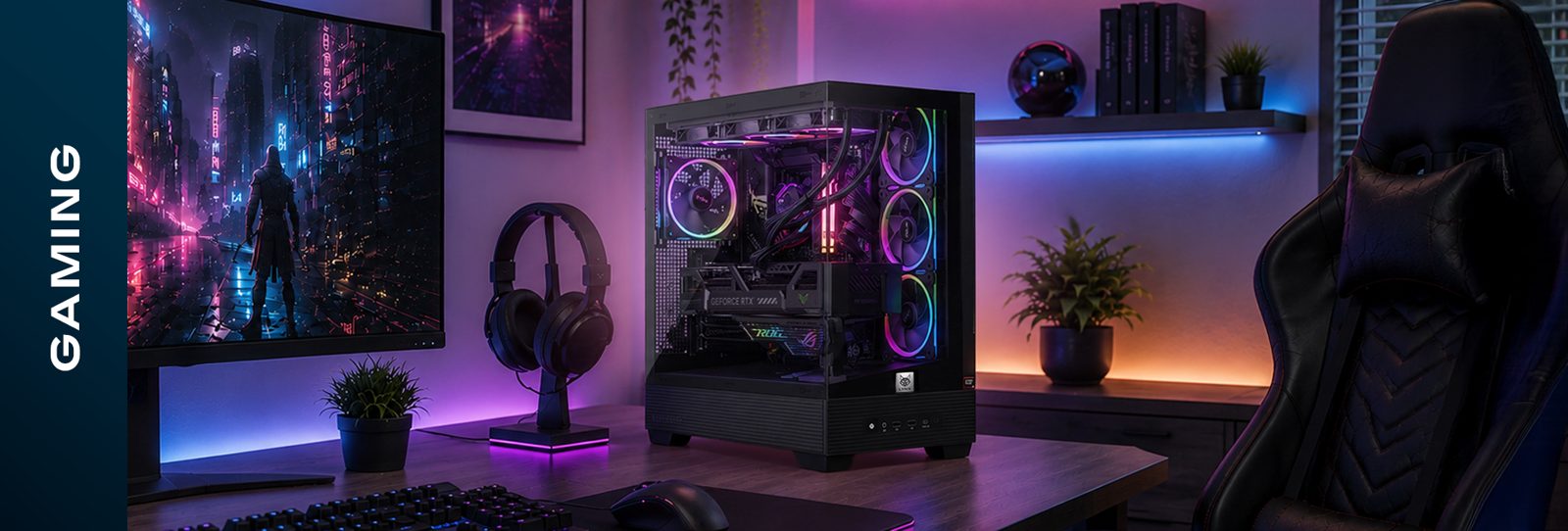 Herní počítač s RGB podsvícením, monitor a herní křeslo